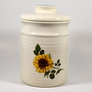 Vintage Ceramic Ribbed Cookie Jar/Storage Jar — Cream Colored with Sunflower